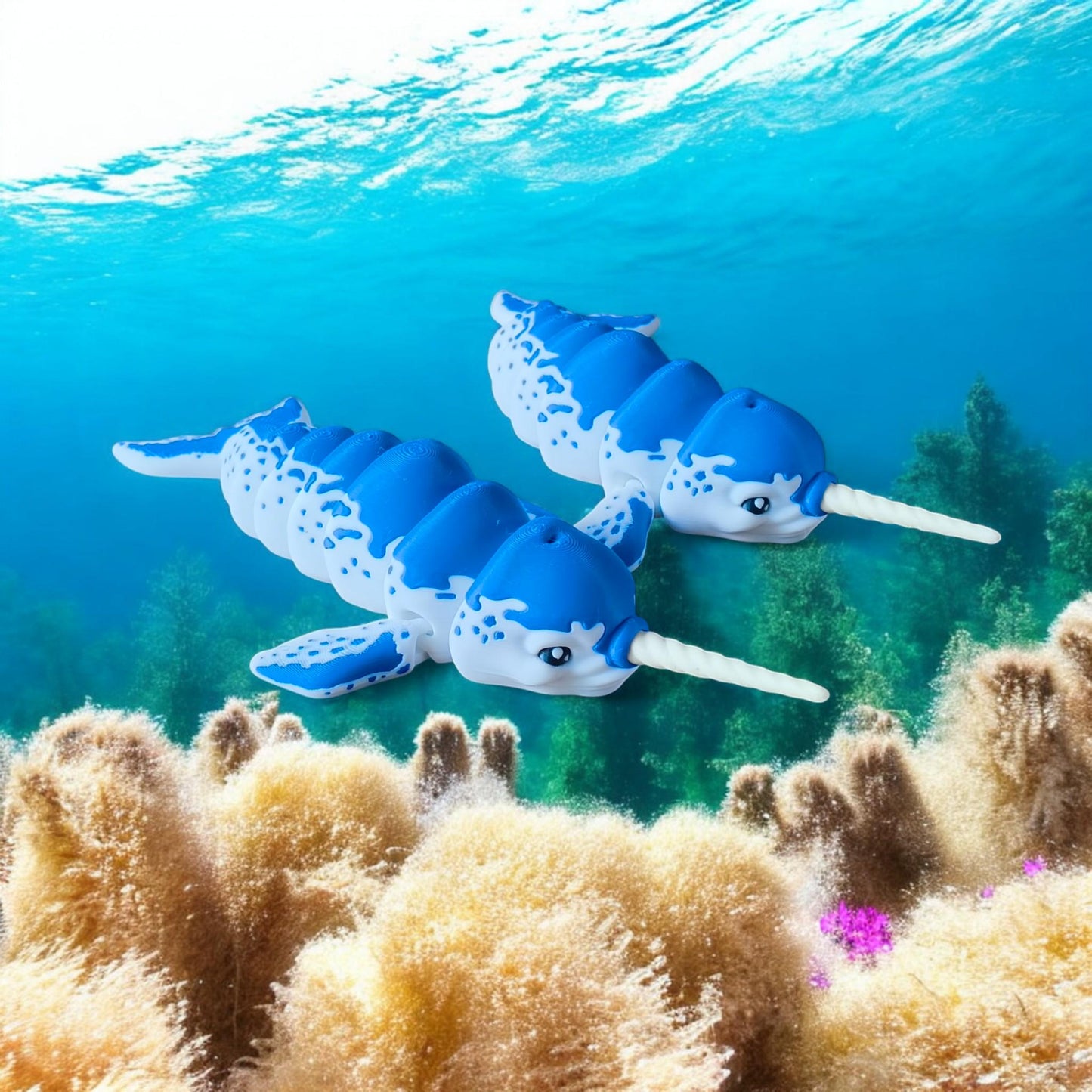 3D Printed Narwhal Figurine - Unique Ocean model by BoxSkull - Articulated Unicorn of the Sea - Customizable Marine Life Gift