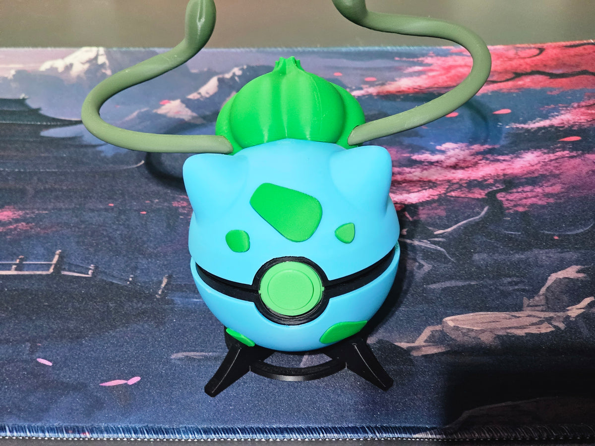 🌟 3D Printed  Bulbasaur Pokéball with Stand & Mini  Bulbasaur Figure – Opening Pokéball for Collectors & Fans 🌟
