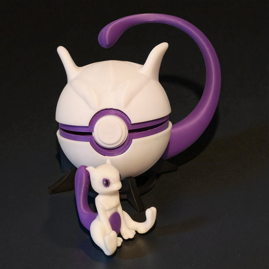 🌟 3D Printed MewTwo Pokéball with Stand & Mini  MewTwo Figure – Opening Pokéball for Collectors & Fans 🌟