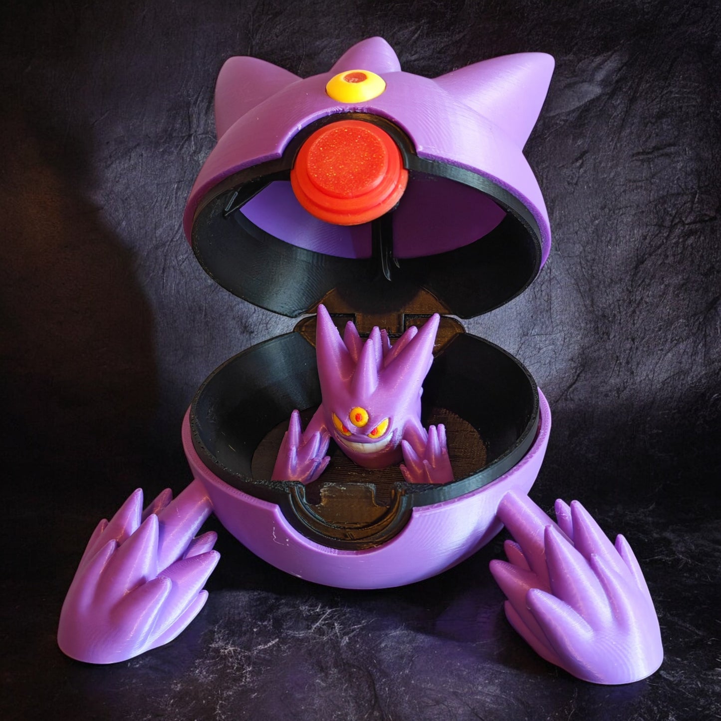 🌟 3D Printed Mega Gengar Pokéball with Stand & Mini Charizard Figure – Opening Pokéball for Collectors & Fans 🌟