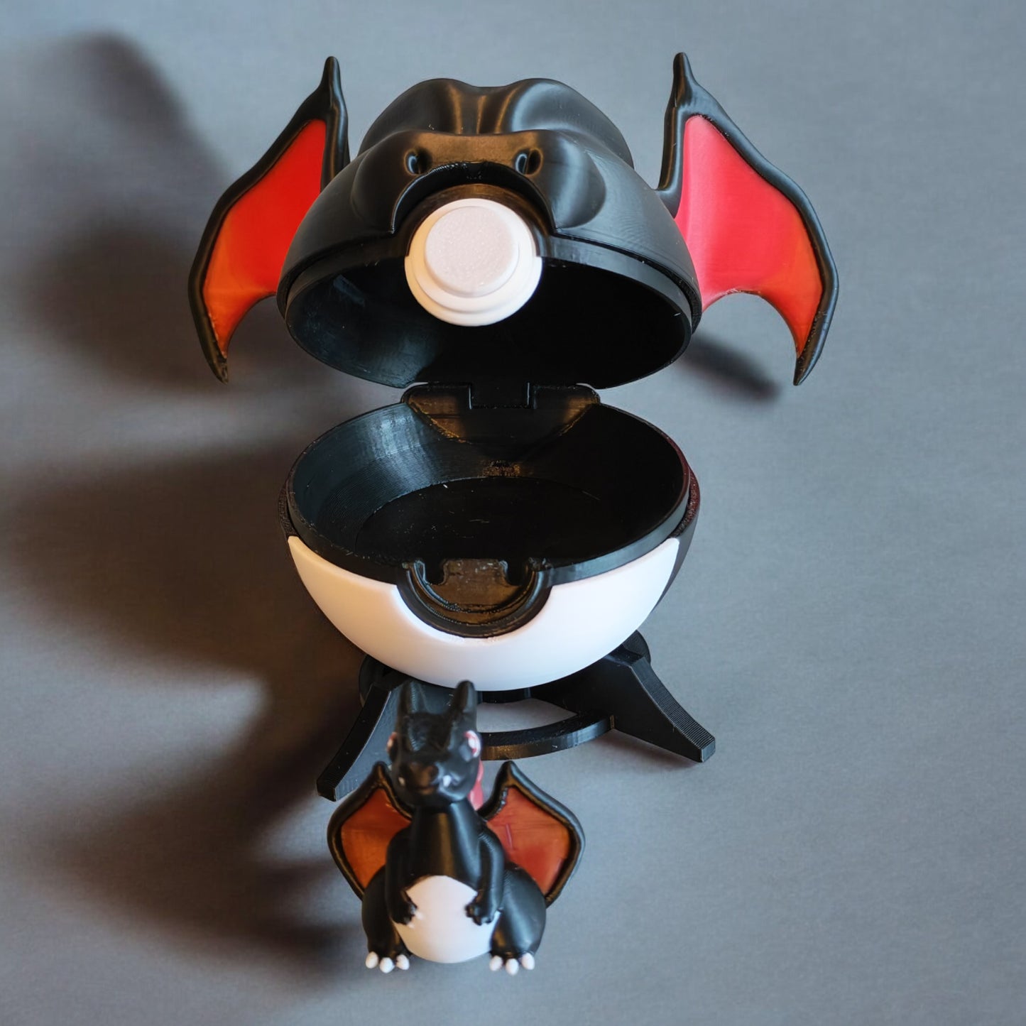 🌟 3D Printed Shiny Charizard Pokéball with Stand & Mini Charizard Figure – Opening Pokéball for Collectors & Fans 🌟