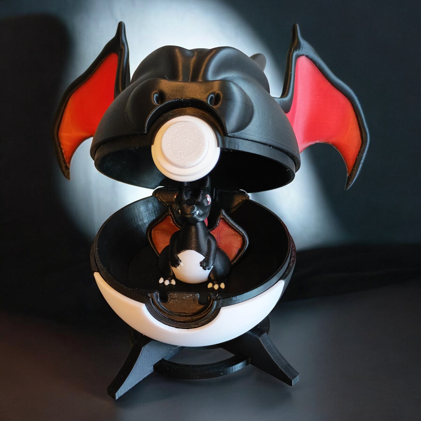 🌟 3D Printed Shiny Charizard Pokéball with Stand & Mini Charizard Figure – Opening Pokéball for Collectors & Fans 🌟