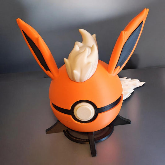 🌟 3D Printed Flareon Pokéball with Stand & Mini Flareon Figure – Opening Pokéball for Collectors & Fans 🌟