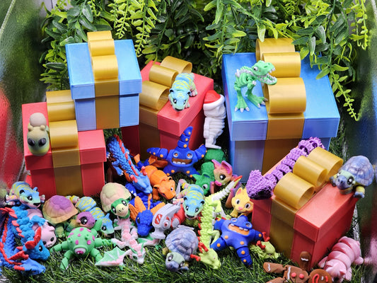 Cute and fun Mystery Gift Box of animals/critters from Sabre 3D, Matt Mire Makes, Artflex . Fidget Gifts