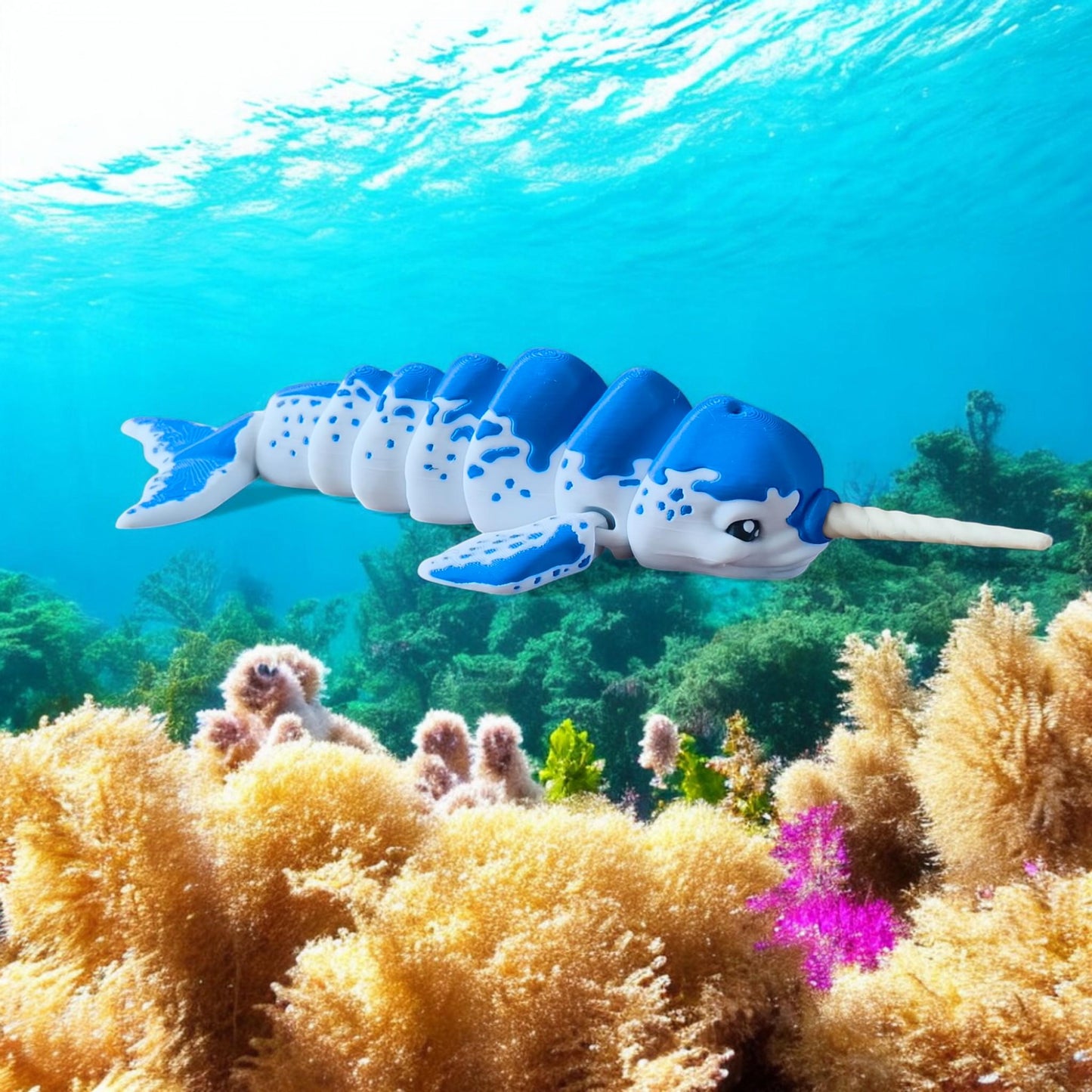 3D Printed Narwhal Figurine - Unique Ocean model by BoxSkull - Articulated Unicorn of the Sea - Customizable Marine Life Gift