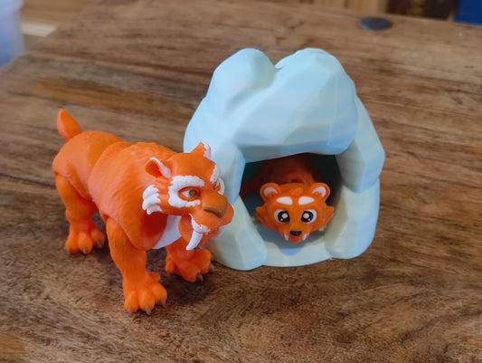 3D Printed Sabre-Tooth Tiger | Large Sabre-Tooth Tiger | Mini Sabre-Tooth Tiger in Cave Bundle | Mother & Pup Sabre-Tooth Tiger Set