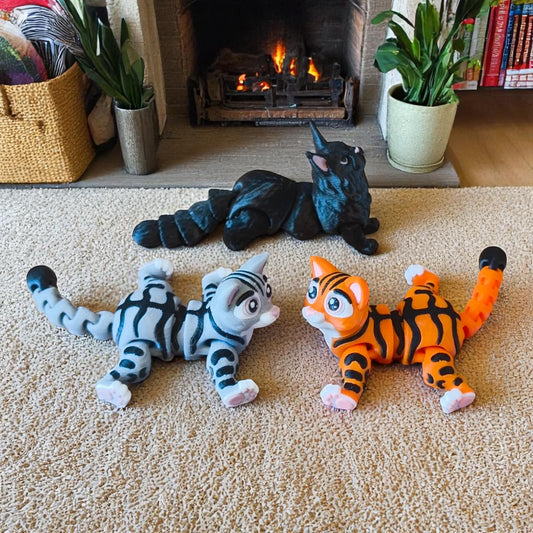 Flexi Cat model, Black Maine Coon, grey Tabby Cat, Ginger Cat, Articulated Cat models, Cute flexi cats.