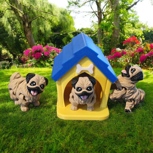 Flexi Pekingese Pup & Doghouse – 3D Printed Articulated model – Pet Lover Gift – Cute Display Companion